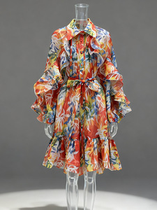 Robe à manches longues à col tailleur et à taille nouée, style 2025, à la mode, avec <span class=keywords><strong>jupe</strong></span> courte à imprimé à volants - Product Image 3