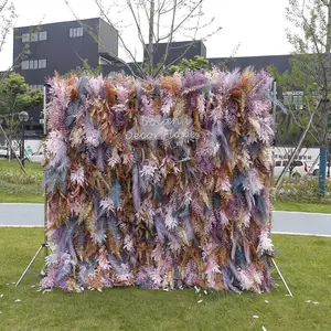 S0177定制丝绸婚礼花卉面板装饰卷起织物人造花紫色金色潘帕斯草花墙背景