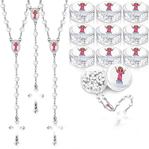 Chapelet de perles en bois parfumées de 6mm avec collier à aiguilles incurvées dans une boîte-cadeau-cadeau de baptême Sainte Marie, Saint Esprit et Saint Nino - Product Image 4