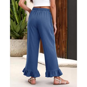 FOXA Womens Cotton Linen Palazzo Pants Wide Leg Ruffled Drawstring High Waist With Pockets Casual <b>Harem</b> Lounge <b>Trouser</b> - Product Image 4