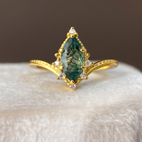 Bagues Classiques Tendance en Laiton avec Agate Mousse Verte, Bague Empilable pour Femme, Mariage, Plaqué Or 14K, Sertissage à Griffes
