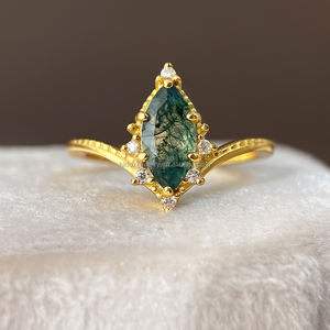 แหวนแฟชั่นคลาสสิก ทองเหลืองประดับเพชรซิคอนและหินธรรมชาติ หินมอสสีเขียว แหวนแบบซ้อนสำหรับผู้หญิง งานแต่งงาน ชุบทอง 14K - Product Image 3