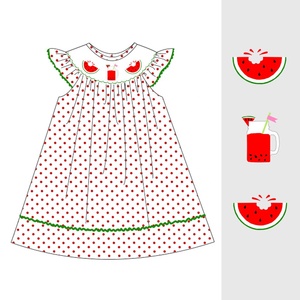 Dễ thương đầu gối dài mùa hè giám mục ăn mặc cho bé gái dưa hấu smocked với <span class=keywords><strong>Dot</strong></span> mẫu quần áo trẻ em - Product Image 1