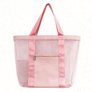 Sac fourre-tout en maille bleue personnalisable de haute qualité avec logo imprimé sur mesure, sacs de plage d'été en maille polyester noire pour femmes - Product Image 1