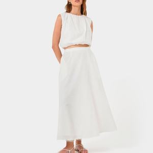 Ensemble deux pièces pour femme : haut court sans manches à col rond taille haute et jupe longue en mélange de lin - Product Image 1