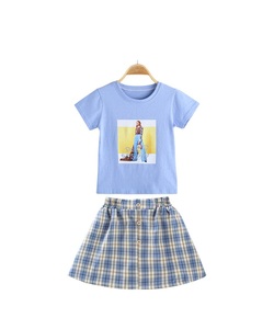Conjunto de Ropa Infantil para Niña, Camiseta de Manga Corta con Estampado Azul y Falda Pantalón a Cuadros, Superventas en Dropshipping - Product Image 4