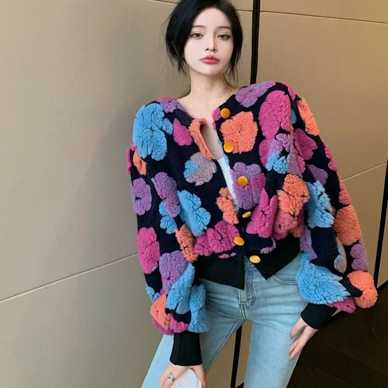 New Spring Single Breasted Knitted Cardigan Round Neck Color Matching Loose Puff Sleeve Cardigan Sweater Coat