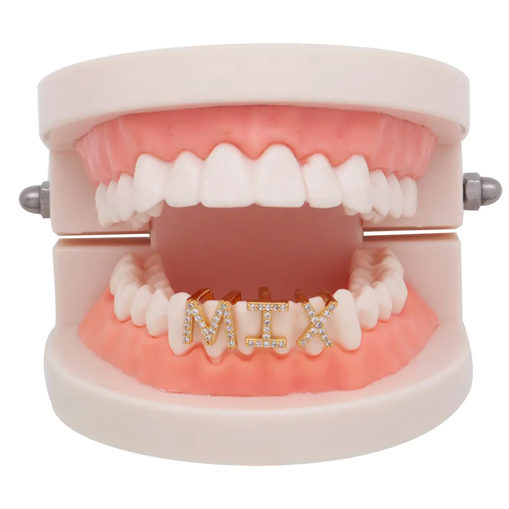 Europese Mode 26 Beginletter Koperen Zirkoon Hip Hop Grill Tanden Custom Grillz Groothandel Dental Grills