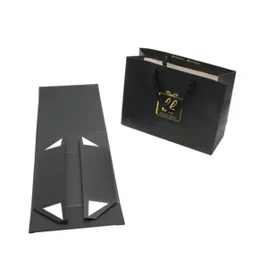 Custom logo packaging paper cardboard storage box black magnetic flip top rigid book shaped closure cardboard gift box and bag