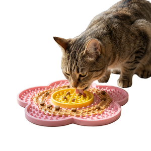 Floral Silicone Feeding Mat For Cats Slow Eating Puzzle Pet Licking Pad Pink With Yellow Center - Product Image 1