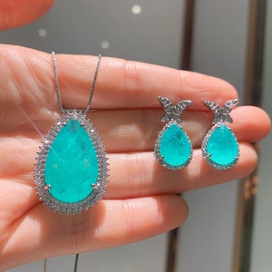 Fashionable Eco-friendly Copper Pear Cut 15*25mm Blue Zircon Teardrop Pendant and <b>Earrings</b> <b>Set</b> Butterfly Jewelry <b>Set</b> for Women - Product Image 2