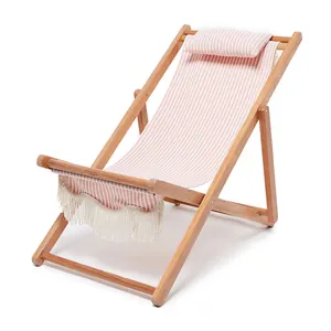 थोक प्रीमियम विंटेज गुलाबी धारी आउटडोर आंगन लाउंज Foldable लकड़ी के फ्रेम कैनवास कपड़े कपास फ्रिंज समुद्र तट गोफन कुर्सी