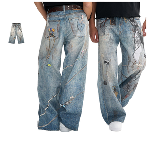 100% 면 힙합 스트레이트 와이드 레그 패션 캐주얼 독특한 패턴 데님 빈티지 바지 남여 공용 프리미엄 헐렁한 남성 청바지 바지 - Product Image 3
