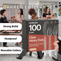 Couverts jetables Bakken en plastique robuste, 4,2 g, lot de 100 pièces (fourchettes, couteaux, cuillères), résistants à la chaleur, transparents