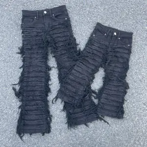 Yeni tasarım çocuklar kot tojeans boy 2-14 yıl sıska fit flare yığılmış kot sıkıntılı yırtık kot çocuklar için