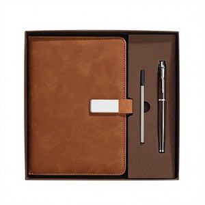 Carnet de notes personnalisé en cuir marron A5 avec couverture rigide, coffret cadeau avec stylo, fermeture magnétique, pour les affaires - Product Image 1