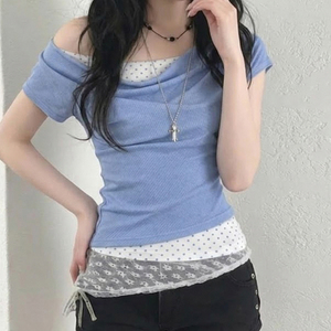 เสื้อยืดลายจุดปะติดปะต่อแบบเปิดไหล่สำหรับผู้หญิง เสื้อถักแขนสั้นสไตล์ลำลองสำหรับฤดูร้อน ดีไซน์แบบสองชิ้น - Product Image 3