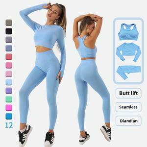 Femmes européennes américaines Jacquard Fitness Yoga Wear à manches longues <span class=keywords><strong>ensemble</strong></span> haut pantalon sans couture soutien-gorge à pois respirant taille légère - Product Image 1