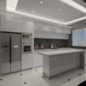 Ensemble complet d'armoires de cuisine modulaires personnalisées en stratifié brillant et en marbre artificiel avec armoires pour appareils électroménagers - Product Image 1