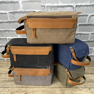 Custom High quality genuine leather cotton canvas travel mens toiletry bag