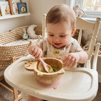Ensemble de vaisselle pour enfants en silicone et bambou à motif animal de qualité alimentaire, assiette à ventouse, bol, cuillère, fourchette, vaisselle pour bébé