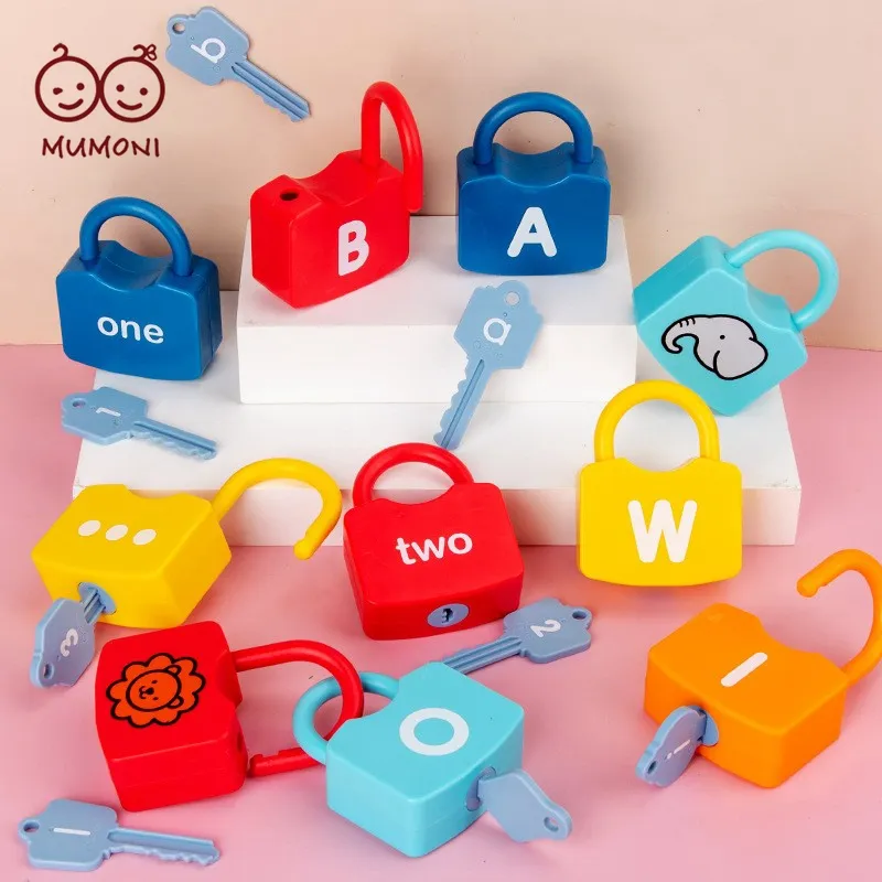 인기있는 동물 숫자와 알파벳 디자인 아이 잠금 장난감 다른 일치하는 게임 몬테소리 학습 잠금 장난감