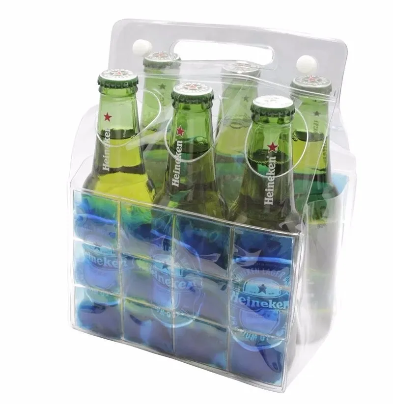transparant 6 pack fles drager pvc ijskoeler wijn/bier gel tas