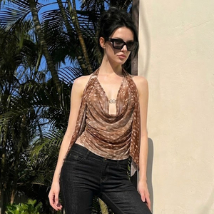 Blusa Halter Marrón con Puntos para Mujer, de Malla Transparente Plisada, con Cuello en V y Espalda Descubierta, Top Sexy para Fiesta de Verano, Novedad 2026 - Product Image 5