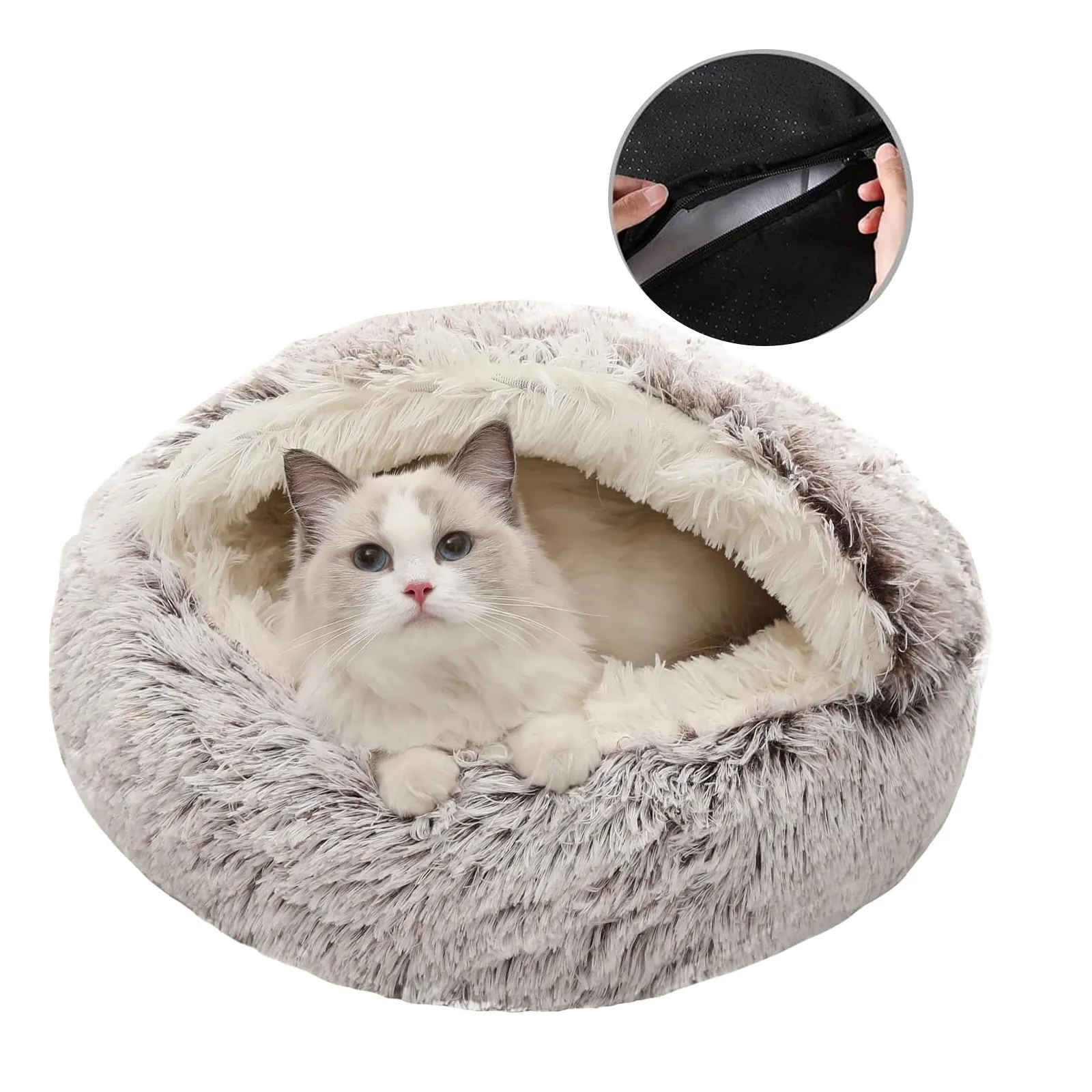 इनडोर पेट हाउस हटाने योग्य धोने योग्य आरामदायक पालतू डोनट आलीशान कुशन हुड वाले कवर के साथ गोल कुत्ता बिल्ली गुफा बिस्तर