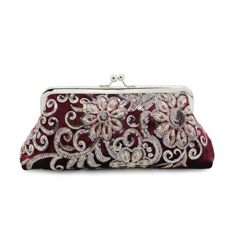 Hot selling chain bead string velvet embroidery evening bag unique mini portable women wedding bag artistic national style