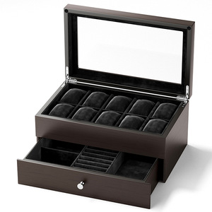 Wholesale <b>2</b>-Tier 10 Slots Watch Box with <b>Drawer</b> Wooden Watch Organizer Jewelry <b>Storage</b> Case with Glass Top Soft suede lining - Product Image 1