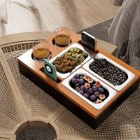 Plateau de canapé en bambou, boîte à collation pour canapé, porte-verre à vin, organisateur de canapé avec ouvre-bouteille et fourchettes en acier inoxydable