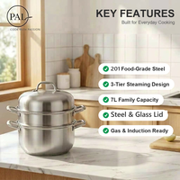 Cuiseur vapeur haut de gamme en acier inoxydable 304, 3 niveaux, 7 L, argent, avec couvercle en verre et logo personnalisé, pour cuisine domestique, grande capacité, utilisation vapeur