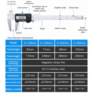 Calibrador de precisión deslizante KS-905100 de 100/150/200/300 mm, calibrador <span class=keywords><strong>Vernier</strong></span> de acero, <span class=keywords><strong>plástico</strong></span>, acero inoxidable endurecido, eléctrico - Product Image 3