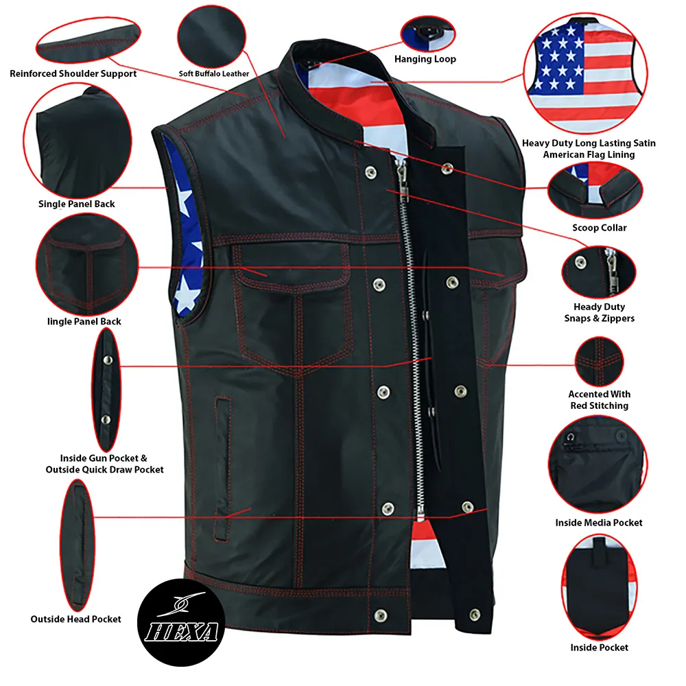 Gilet en cuir pour hommes Hexa Gear avec coutures rouges, doublure du drapeau américain et gilets de motard classiques à col rond