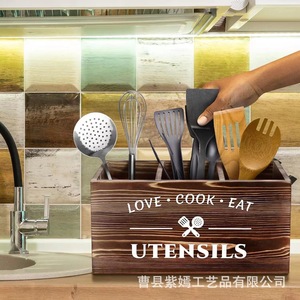 Caja de Almacenamiento de Utensilios de Madera Maciza Quemada de Estilo Vintage con Compartimentos para Organizadores de Cocina, Color Marrón - Product Image 1
