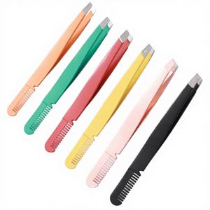 Pince à épiler pour cils et sourcils en acier inoxydable de haute qualité, à pointe inclinée, avec peigne, outil de beauté - Product Image 4