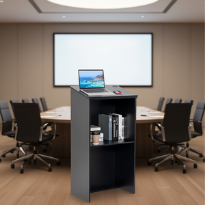 Pupitre de conférence noir sur pied avec étagère pour usage en bureau et en salle de réunion - Product Image 2