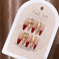 Ongles Cercueil de Luxe Faits Main Rouge Doré Pailleté 10 Pièces Rose Nude Dégradé Strass Fleur Perle Personnalisation Vente en Gros