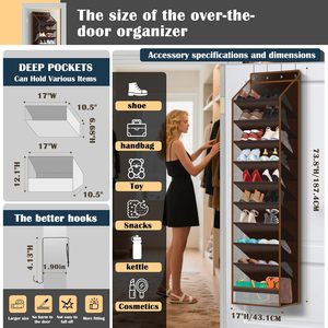 Over The Door <b>Shoe</b> Organizer 10 Pockets Dark Coffee Color Hanging Rack For <b>Shoes</b> Behind Door Wall Storage With Stainless Steel - Product Image 2