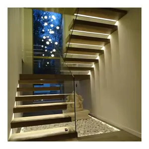 Деревянные плавающие лестницы с большой посадкой светодиодный светильник закаленное стекло перила