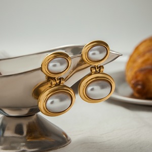 Pearl <b>Stud</b> <b>Earrings</b> 18K Gold Plated Geometric Design Bezel Setting Women's Everyday Wear - Product Image 2