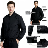 Blouson bomber noir uni, col montant classique, fermeture éclair, vêtement d'extérieur décontracté pour le quotidien, design à poches surdimensionnées, léger et tendance