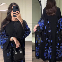 Fabricants d'Abayas de Guangzhou, conception personnalisée, ensemble d'Abayas arabes de luxe, vêtements islamiques, Abaya ouverte à fleurs perlées pour l'Aïd avec robe intérieure