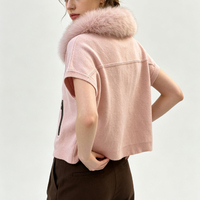 Cardigan en laine tricoté rose doux à col amovible en vraie fourrure, fermeture éclair, manches courtes, personnalisé pour femme - Collection Automne Tyan Wholesale