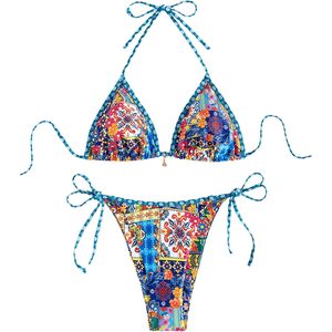 FOXA Women's 2 Piece Boho <b>Bikini</b> Set Triangle Thong Halter <b>String</b> Swimwear High Cut Cheeky Bathing Suit - Product Image 1