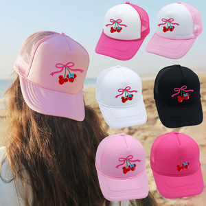 Wholesale Custom Logo Baseball Caps Summer Fashion Unisex Trucker Hats with Printed Bowknot Cherry Design