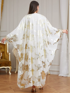 Luxury Eid Wedding Party <b>White</b> <b>Gold</b> Flower Print Sequin Muslim Women 2 Piece <b>Abaya</b> Dresses - Product Image 3