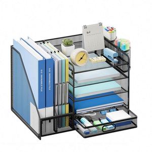 5-Tier Mesh Desk Organizer with File Holder <b>Drawer</b> and Pen Holders - Product Image 2
