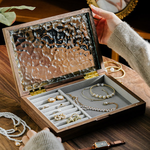 Furun Cherry Wood <b>Vintage</b> Jewelry <b>Box</b> Rectangle Glass Lid Ring Necklace Bracelet Storage Organizer - Product Image 2